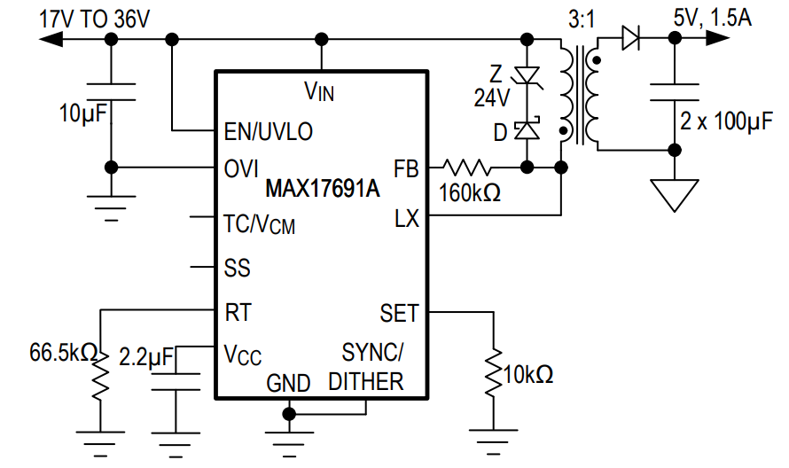 Schéma du circuit d'application - Analog Devices / Maxim Integrated Convertisseurs Flyback non-opto isolés MAX1769x